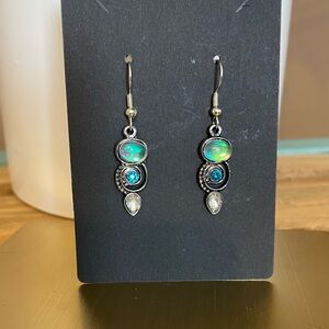 Fashion Silver-Tone Green Blue Dangle Earrings (NWOT)